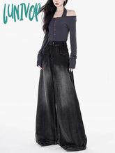 Lunivop Women’s American Retro Black Gray Loose Wide-Leg Pant Street Style High Waist Jeans